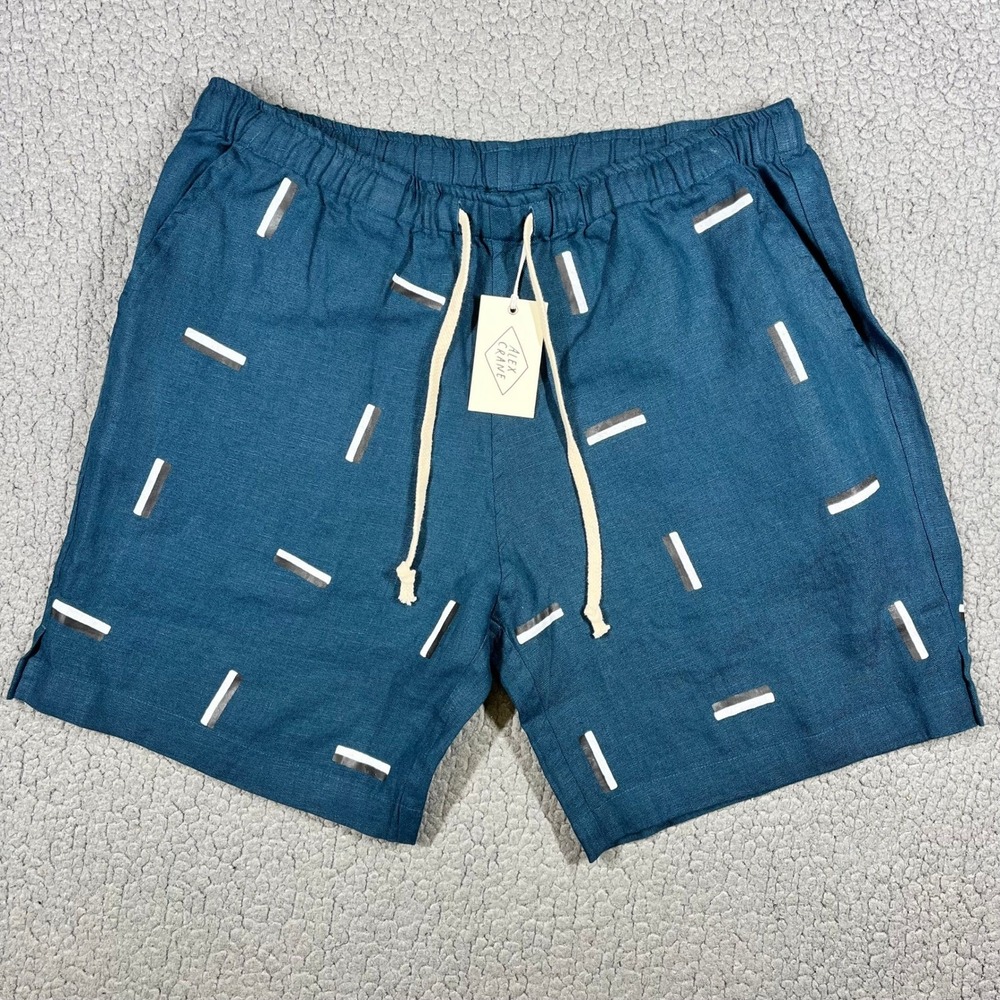 Alex Crane Bo Shorts Mens Size XXL Blue Linen Geometric Dash Print Drawstring